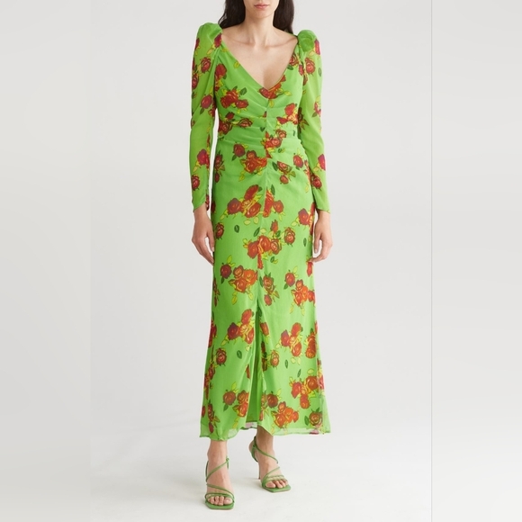 Topshop Floral Rouched Long Sleeve Maxi Dress MID GREEN sz 8 - Picture 1 of 9